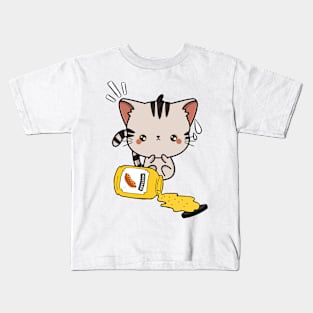 Cute Tabby Cat Spilled a jar of mustard sauce Kids T-Shirt